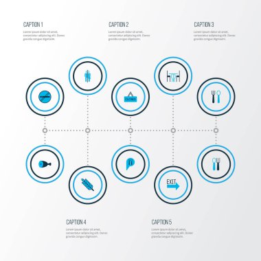 Renkli simgeler yeme ile kapalı, gümüş eşyalar, wc ve diğer sigara öğeleri yasak ayarlayın. Simgeler yeme izole vektör çizim.