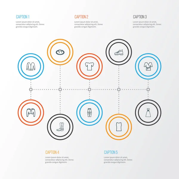 Şık simgeleri stil belero, kahvaltılık kol, kargo pantolon ve diğer gömlek öğeleri kümesi satır. İzole vektör çizim moda simgeler.