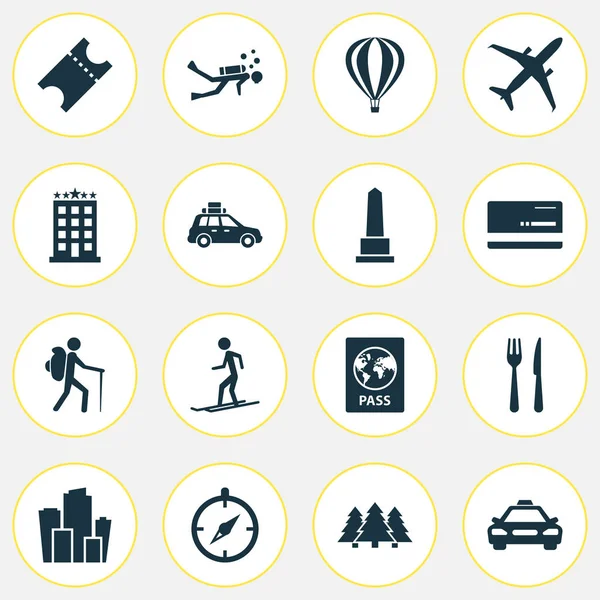 Yolculuk Icons set ile Restoran, uçak, bileti ve diğer kafe öğeleri ile. İzole vektör çizim yolculuk simgeler.