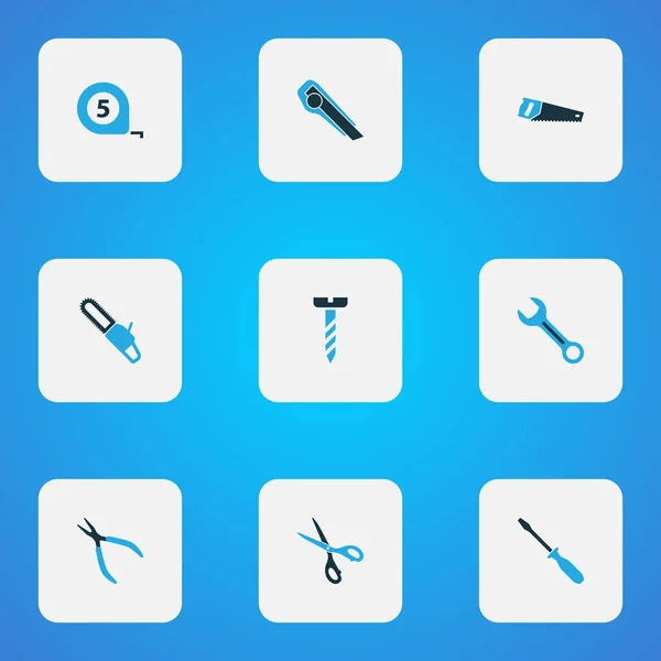 Nástroje ikony barevné sada s nůžkami, šroub, svorky a další prvky metr. Izolované vektorové ilustrace nástroje ikony. — Stockový vektor