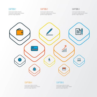 Ticaret simgeler renkli çizgi ile kalem, e-posta, nakit ve diğer sözleşme öğeleri ayarla. İzole illüstrasyon ticaret simgeler.