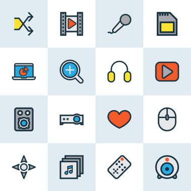 Başlamak ile uzaktan, sd kart, Ayarla satır renkli müzik simgeleri ve diğer öğeleri yakınlaştırma. İzole illüstrasyon müzik simgeleri.