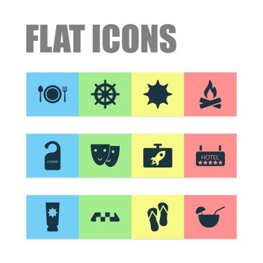 Yolculuk Icons set güneşi, çark güneş koruyucu unsurlar restoran. İzole illüstrasyon yolculuk simgeler.