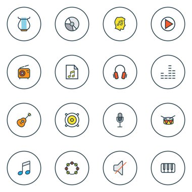 Müzik simgeler davul, notlar, piyano ve diğer sevgilisi öğeleri ile Ayarla satır renkte. İzole illüstrasyon müzik simgeleri.