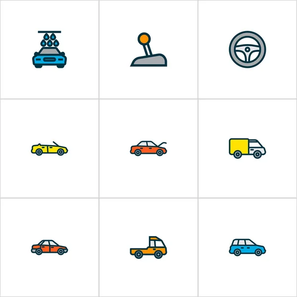 Автомобильные иконки окрашены в линию с рулевым колесом, передачей, прайм-мовером и другими спортивными элементами. Изолированные иконки автомобилей . — стоковое фото
