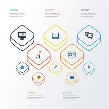 İş ikonları/simgeleri kimlik belgesi, yorum, bilgisayar analytics ve diğer takım elemanları ile Ayarla satır renkli. İzole vektör illüstrasyon iş ikonları/simgeleri.
