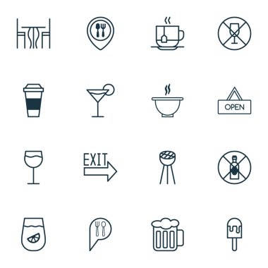 Cafe simgeleri tablo, içki yok, çorba ve öğeleri korusun diğer alkol ile ayarlayın. İzole vektör çizim kafe simgeler.