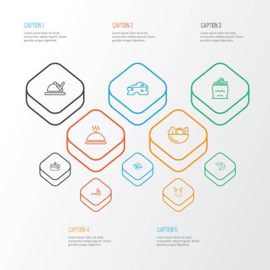 Beslenme simgeler stil gıda teslim, sıcak yemek, karides ve diğer sağlıklı besin öğeleri kümesi satır. İzole vektör çizim beslenme simgeler.