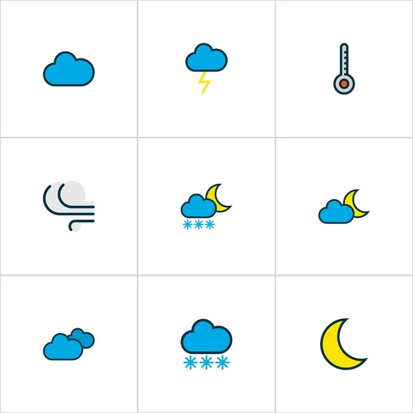 Iconos meteorológicos línea de colores con día nublado, nublado, congelación y otros elementos de escala. Iconos de tiempo de ilustración vectorial aislado . — Archivo Imágenes Vectoriales