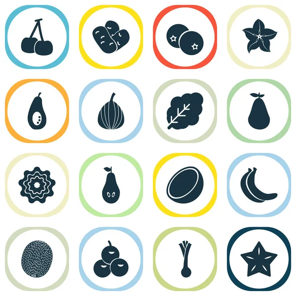 Фруктовые иконы с черникой, свежестью, оливками и другими природными элементами. Изолированные векторные иконки фруктов . — стоковый вектор