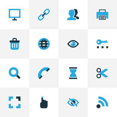 Arama, gizle, göz ve diğer wifi öğeleri kümesiyle renkli simgeler arabirim. İzole illüstrasyon arayüzü simgeler.
