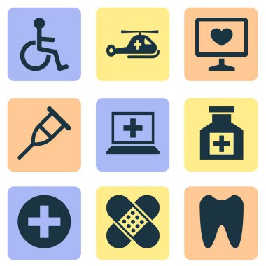 Antibiyotik Icons set ile diş, helikopter, bilgisayar ve diğer ağrı kesici öğeleri ile. İzole illüstrasyon antibiyotik simgeler.