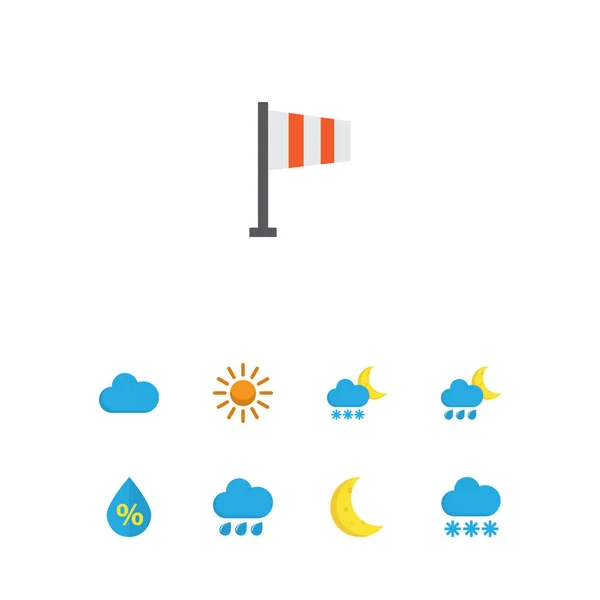 Icone aria in stile piatto con mezzaluna, gocciolamento, pioggia e altri elementi grandine. Isolate icone aria illustrazione . — Foto Stock