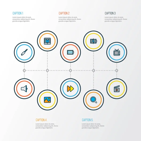 Media ikoner färgad linje set med lärande, bild, högtalare och andra bullhorn element. Isolerade illustration media ikoner. — Stockfoto