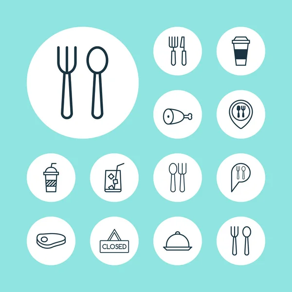 Restaurant pictogrammen instellen met rundvlees, opknoping bord, lepel met vork en andere elementen van de biefstuk. Geïsoleerde illustratie restaurant pictogrammen. — Stockfoto