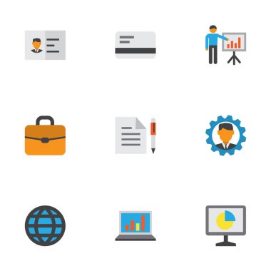 İş ikonları/simgeleri stil evrak çantası, dünya, analytics ve diğer sunan adam öğeleri kümesi düz. İzole illüstrasyon iş ikonları/simgeleri.