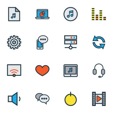 Medya simgeleri renkli çizgi ayarı, media server, monitör ve diğer çalma listesi öğeleri ayarlayın. İzole illüstrasyon medya simgeler.