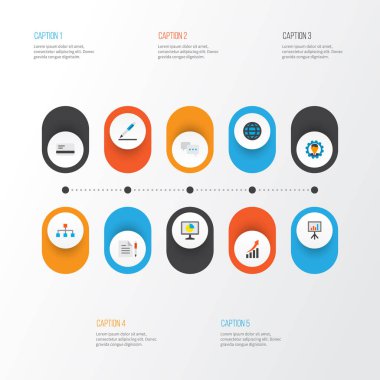 İş ikonları/simgeleri stil ile anlaşma, beyaz tahta, müdür ve diğer kalem öğeleri kümesi düz. İzole illüstrasyon iş ikonları/simgeleri.