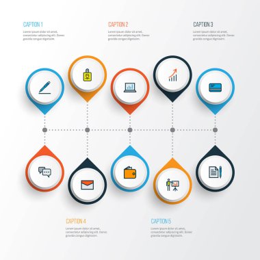 İş ikonları/simgeleri ile kimlik kartı, nakit, istatistikleri ve diğer konuşma öğelerini büyüyen Ayarla satır renkli. İzole illüstrasyon iş ikonları/simgeleri.