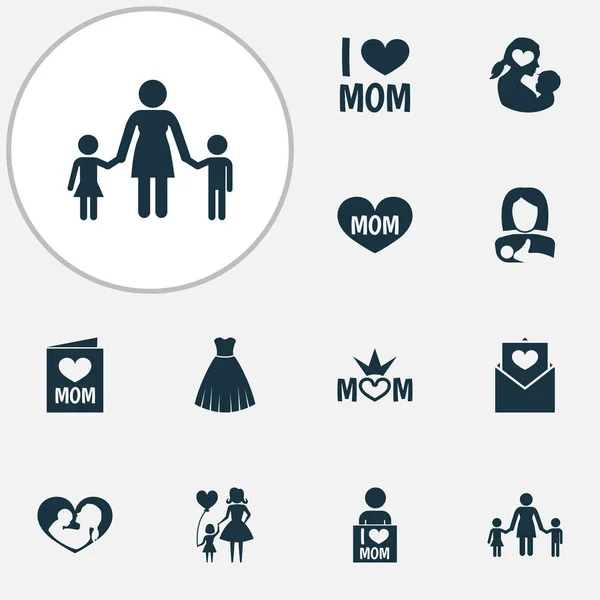 Mothers day icon design concept. Set di 12 elementi come vestito, cartolina e regina. Bellissimi simboli per madre, cuore e mamma . — Foto Stock