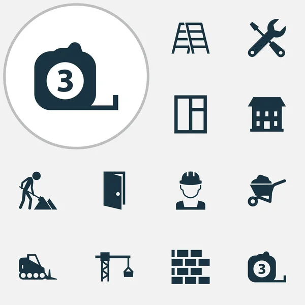 Conjunto de iconos de la industria con escalera, puerta, constructor y otros elementos de herramientas de medición. Iconos aislados de la industria de la ilustración . — Foto de Stock