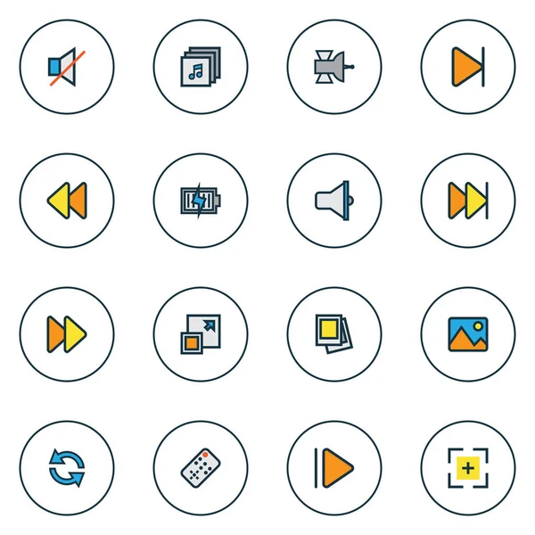 Media icons colored line set with full screen, sync, loudspeaker and other energy elements. Isolated  illustration media icons.