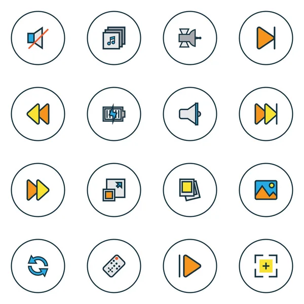 Iconos de medios de comunicación de color conjunto de línea con pantalla completa, sincronización, altavoz y otros elementos de energía. Iconos de medios de ilustración aislados . — Foto de Stock