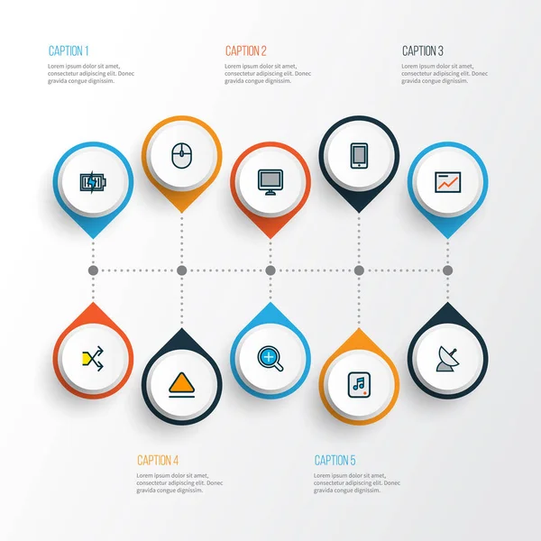 Музыкальные иконки цветные линии с антенной связи, дисплеем, увеличителем и другим увеличением элементов. Изолированные иконки иллюстраций . — стоковое фото