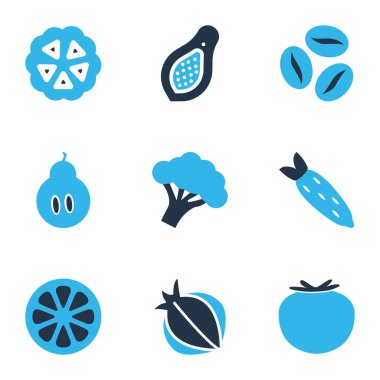 Sebze simgeler kümesi ile domates, papaya, kakao çekirdekleri ve diğer kakao öğeleri renkli. İzole vektör çizim sebze simgeler.
