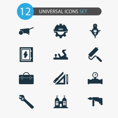 Sanayi simgeleri elektrik pano, chapel, Oluşturucusu ve diğer dişli kask elemanları ile ayarlayın. İzole vektör çizim sanayi simgeleri.