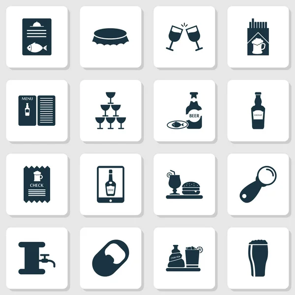 Alkohol ikony Ustaw z papierosów, czara, Wieża piwo i inne elementy kranu. Ikony alkohol ilustracja na białym tle wektorów. — Wektor stockowy
