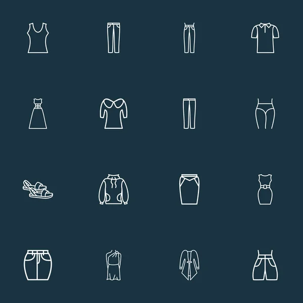 Estilo de linha de ícones na moda definido com calções de banho, colarinho puritano, jeans e outros elementos de t-shirt. Isolado vetor ilustração ícones da moda . —  Vetores de Stock