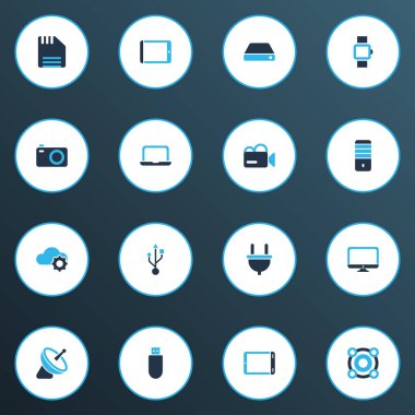 Gadget'ı simgeler kümesi sabit disk, tablet, monitör ve diğer masaüstü öğeleri ile renkli. İzole illüstrasyon gadget simgeler.