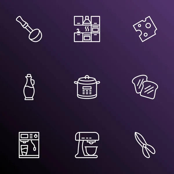 Ensemble de ligne d'icônes de cuisson avec machine à café, fromage, verre à huile d'olive et autres éléments de batteur. Isolé icônes de cuisson illustration . — Photo
