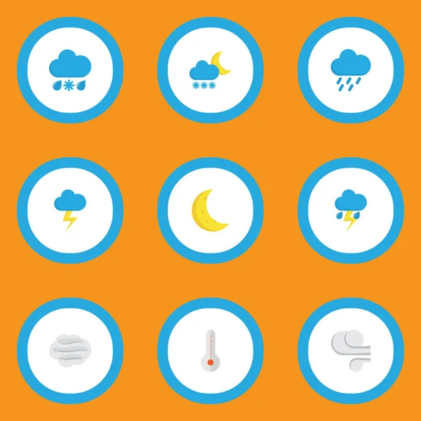 Iconos de aire de estilo plano con brotes, nieve de lluvia, viento y otros elementos lunares. Iconos de aire de ilustración aislada . —  Fotos de Stock