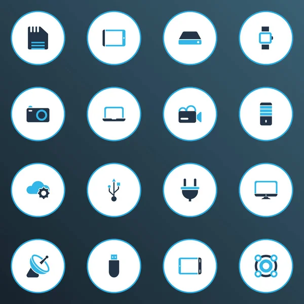 Gadget ikonok színű sor merevlemez, tablet, monitor és más asztali elemek. Elszigetelt illusztráció szerkentyű ikonok. — Stock Fotó