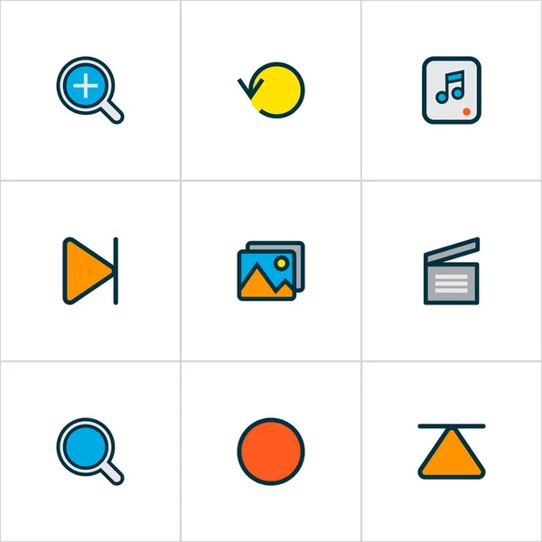 Media icons colored line set with search, top, replay and other eject elements. Isolated  illustration media icons. — Stock Photo, Image