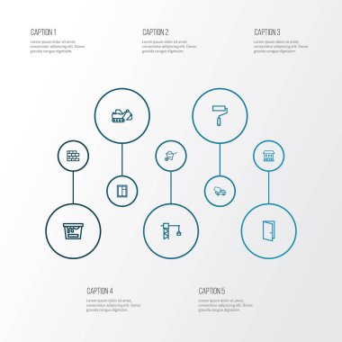 Mimari simge stil çimento araç, kazıcı, ev ve diğer duvar ressamı öğeleri kümesi satır. İzole vektör çizim mimari simgeler.