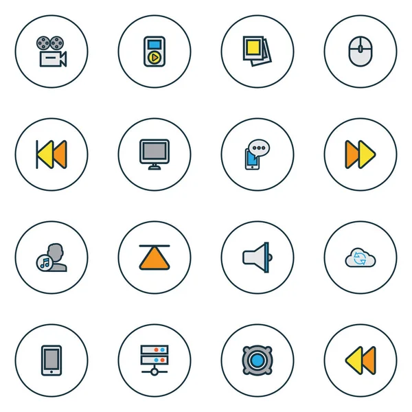 Musiksymbole farbige Linie mit Galerie, Synchronisation, Medienserver und anderen Handy-Elementen. isolierte Vektor-Illustration Musik-Ikonen. — Stockvektor