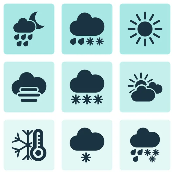 Klimaat pictogrammen instellen met koude, motregen, lichte sneeuw douche en andere hagel-elementen Geïsoleerde vector illustratie klimaat pictogrammen. — Stockvector