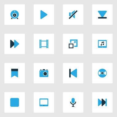 Medya Icons set oyun, tablet, örümcek ağı cam ve diğer başlangıç öğeleri ile renkli. İzole illüstrasyon medya simgeler.