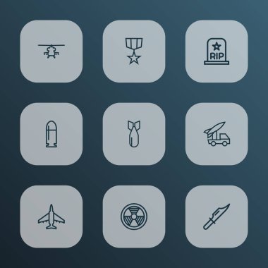 Savaş kutsal kişilerin resmi stil madalya, bomba, savaşçı ve diğer RIP öğeleri kümesi satır. İzole illüstrasyon savaş simgeler.