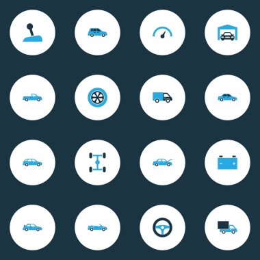 Otomatik simgeler kümesi tekerlek, kamyon, taşıma ve diğer şasi öğeleri ile renkli. İzole illüstrasyon otomatik simgeler.