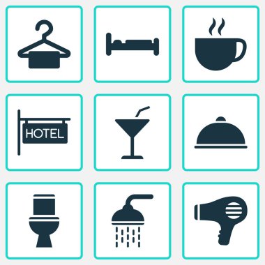 Turizm Icons set ile banyo, saç kurutma makinesi, yemek ve diğer blowdryer öğeleri. İzole illüstrasyon Turizm simgeler.