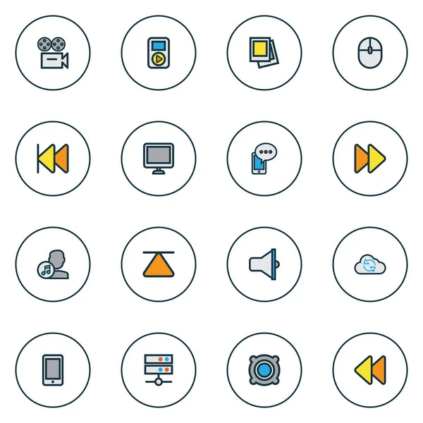 Multimedia icons colored line set with gallery, synchronize, media server and other cell phone elements. Изолированные иллюстрационные мультимедийные иконки . — стоковое фото