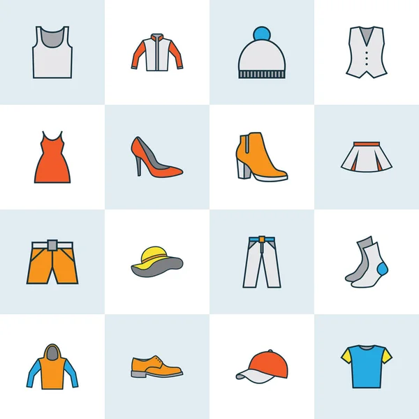 Kleding pictogrammen gekleurde lijn instellen met hoed, hakken, mini en andere elementen van de hielen. Geïsoleerde illustratie kleding pictogrammen. — Stockfoto