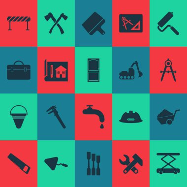 İnşaat Icons set ile macun spatulası, su vinç, inşaat el arabası ve diğer makine elemanları ile. İzole vektör illüstrasyon inşaat simgeler.