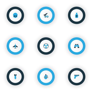 Savaş simgeler kümesi uçak, kafatası, zehir ve diğer biyolojik tehlike öğeleri ile renkli. İzole vektör çizim savaş simgeler.