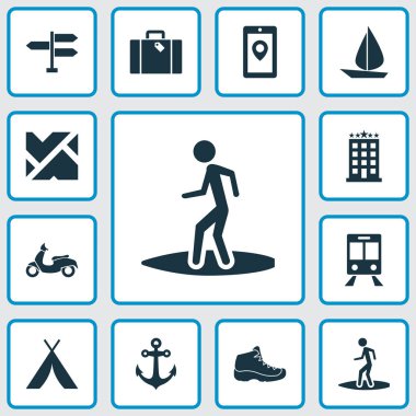 Simgeler seyahat yelken, harita app, tren ve diğer tekne istikrar öğeleri ile ayarlayın. Simgeler seyahat izole vektör çizim.