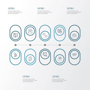 Eğitim simgeler stil mikroskop, online sınav, astronomi ve diğer soru formu öğeleri kümesi satır. İzole vektör çizim eğitim simgeler.